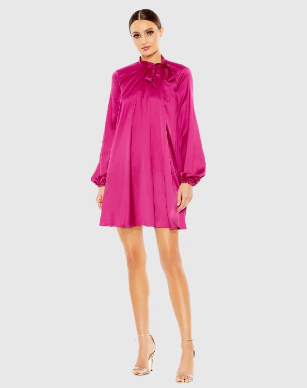 Soft Tie High Neck Pull Sleeve Shirt Dress - FINAL SALE