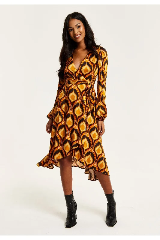 Liquorish Balloon Sleeve Retro Print Midi Fake Wrap Dress