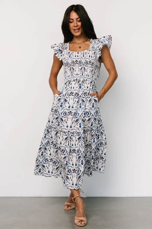 Rhodes Smocked Dress | White + Blue Print