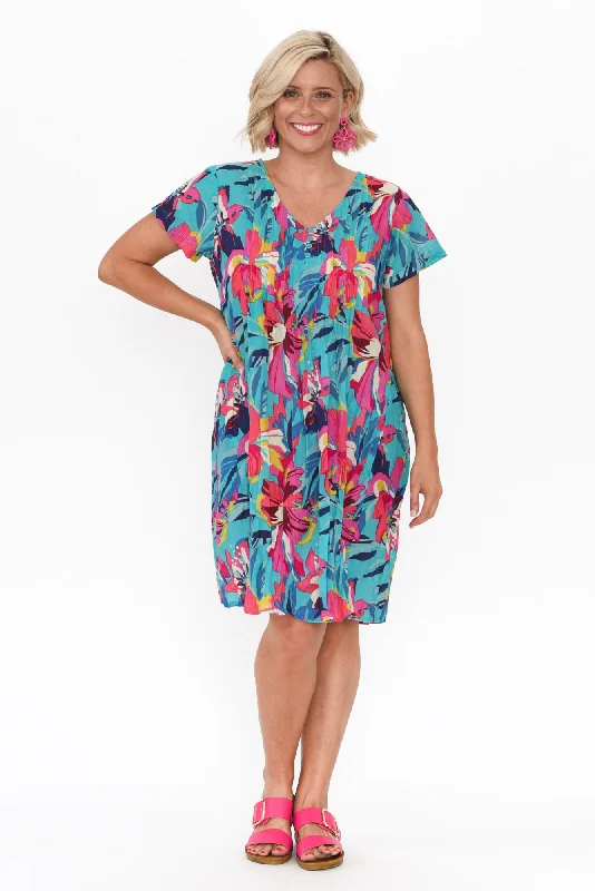 Sabina Blue Bloom Crinkle Cotton Dress