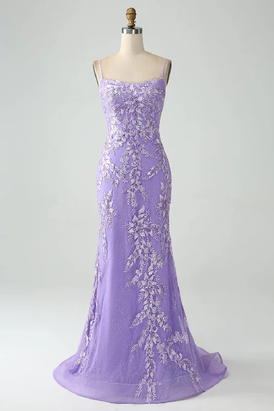 Mermaid Lilac Spaghetti Straps Long Prom Dress with Appliques