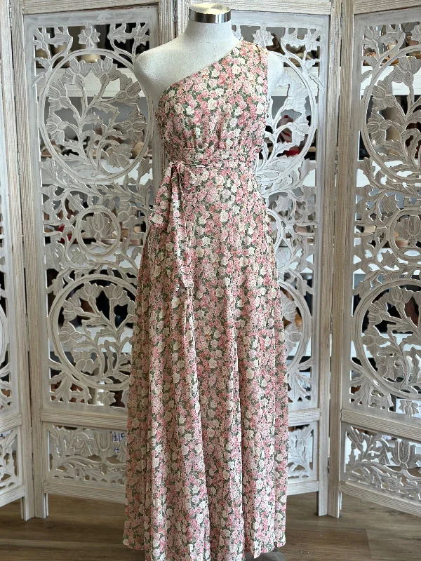 One Sleeve Pink Floral Maxi Dress- Not Stretchy