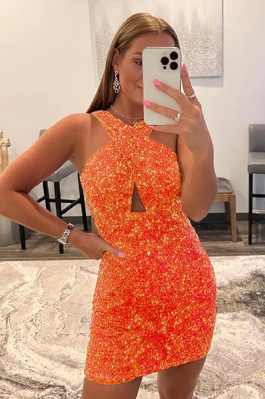 Orange Glitter Halter Backless Sequins Tight Party Dress