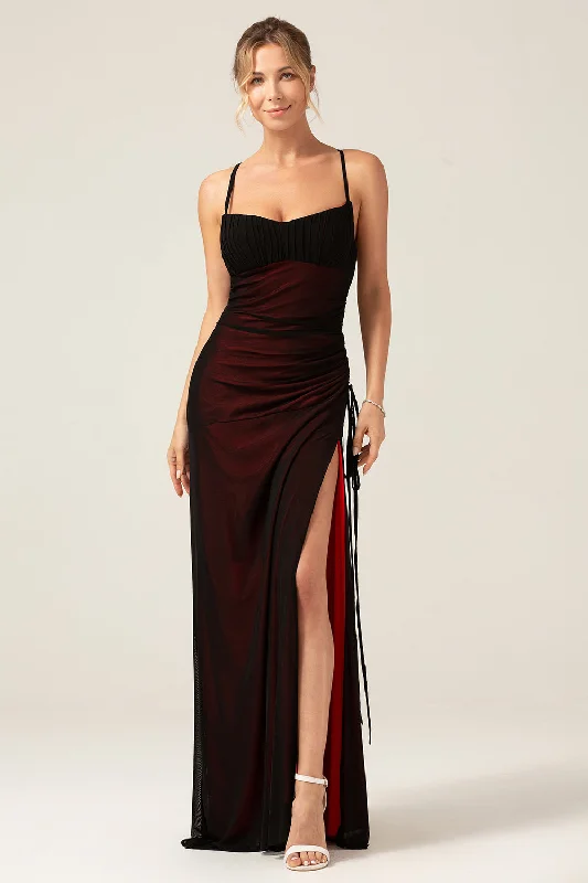 Sheath Spaghetti Straps Floor Length Black Red Bridesmaid Dress