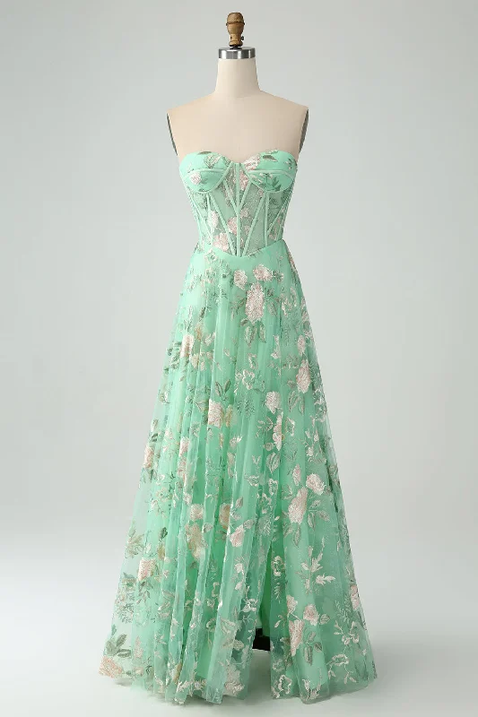 Green A Line Sweetheart Printed Corset Prom Dress with Slit