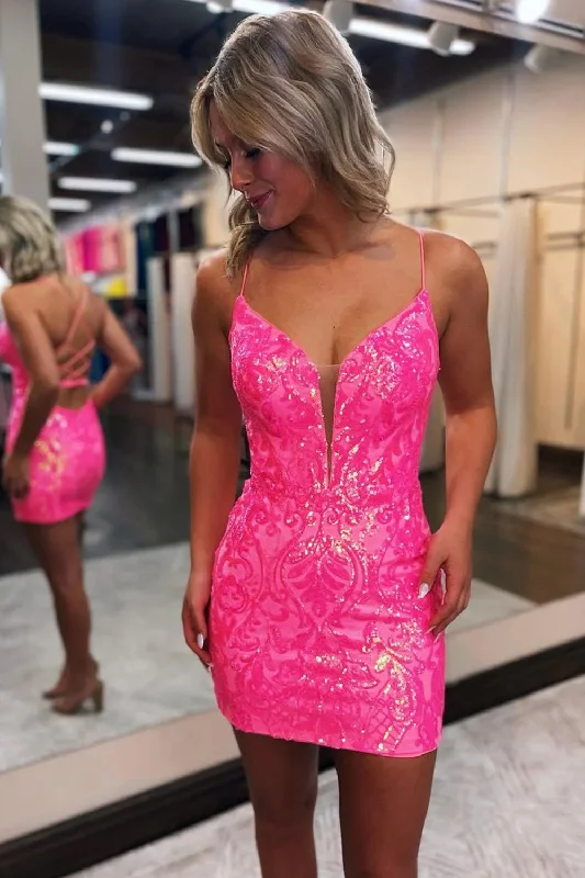 Stylish Bodycon Spaghetti Straps Hot Pink Short Prom Dress with Criss Cross Back