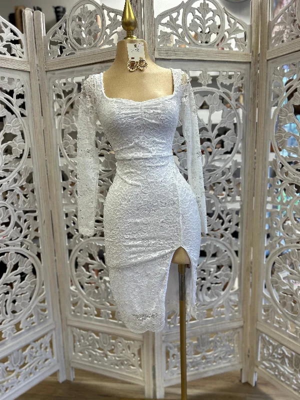 White Lace Square Neck Slit Dress- Stretchy