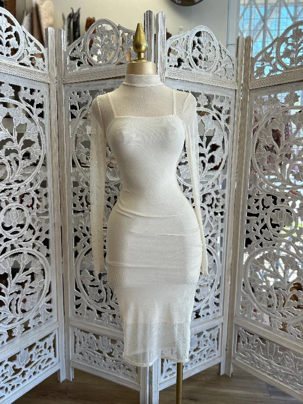 Cream Mesh Mock Neck Midi Dress- Stretchy