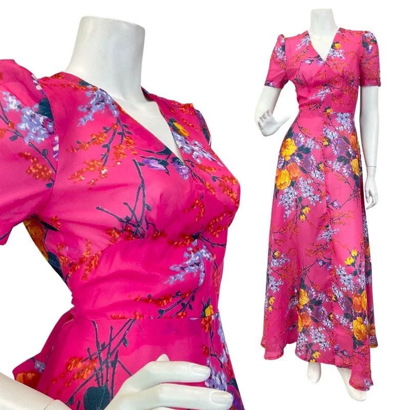 VINTAGE 60s 70s BRIGHT PINK YELLOW BLUE FLORAL TULIP GERBERA SHEER MAXI DRESS 8