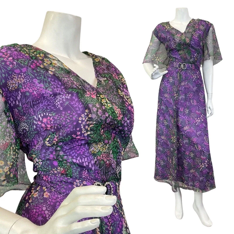 VINTAGE 60s 70s PURPLE BLACK GREEN FLORAL DITSY SHEER BELTED MAXI DRESS 16