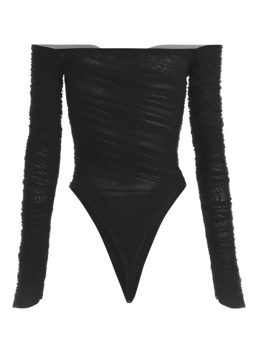 black ruched mesh bodysuit