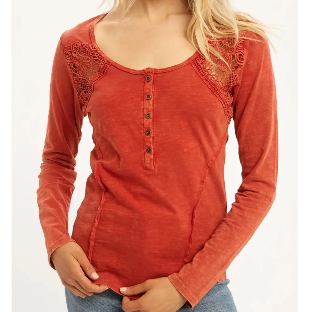 Women's Lace Detail Henley Blouse in Rust