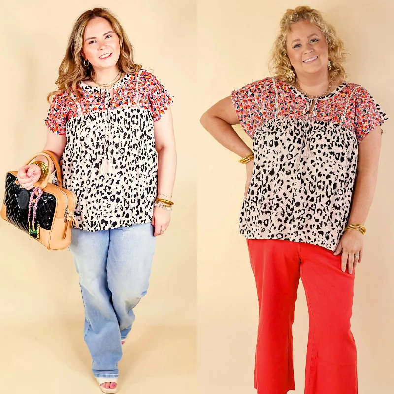 Fredericksburg In the Spring Leopard Print Embroidered Top with Front Keyhole in Blush Pink