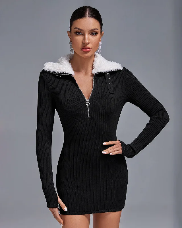 High Fur-Collar Zipped  Mini Dress