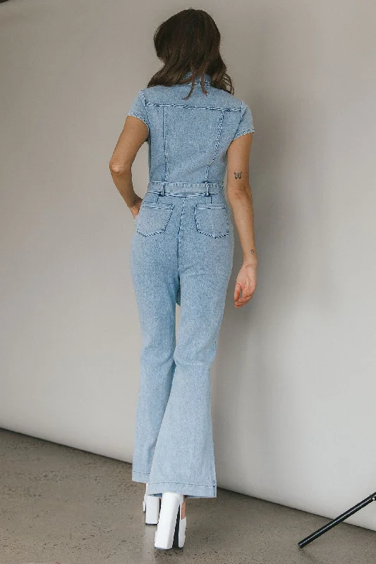 California Girl Short Sleeve Waist Tie Jumpsuit Denim Blue