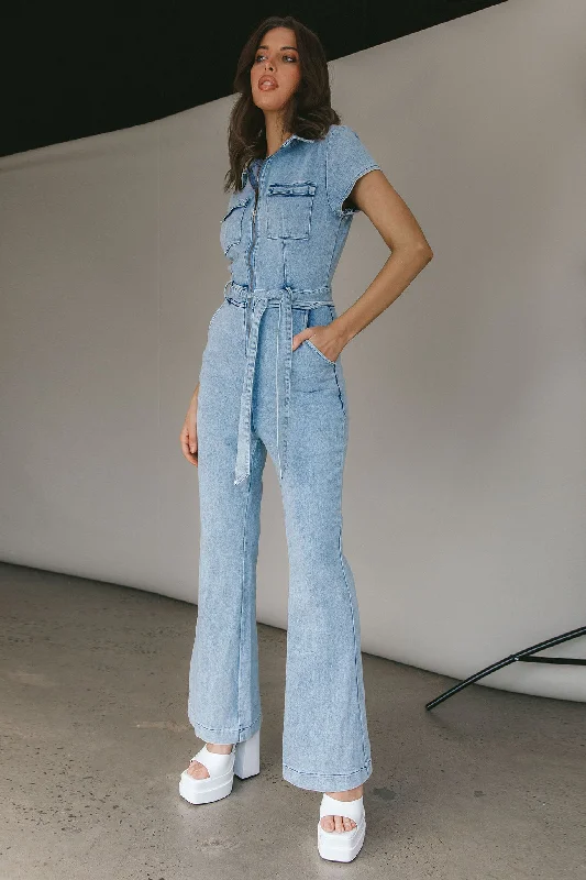 California Girl Short Sleeve Waist Tie Jumpsuit Denim Blue