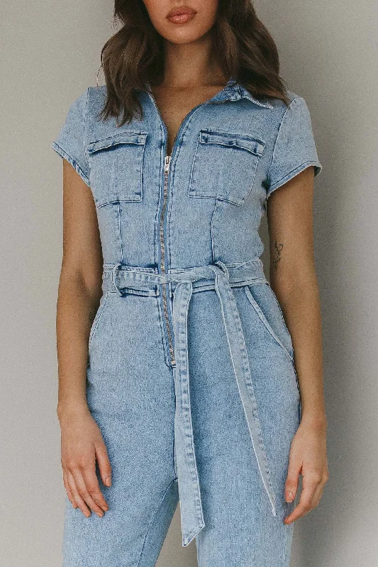 California Girl Short Sleeve Waist Tie Jumpsuit Denim Blue