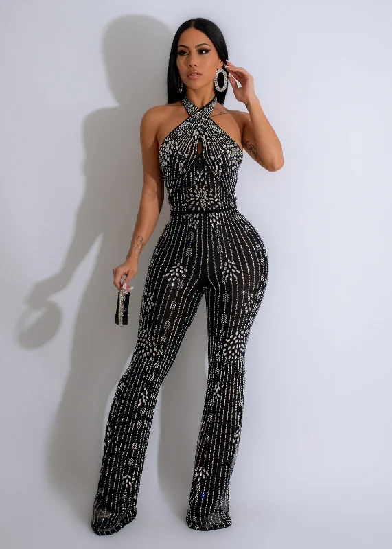 Fireworks Mesh Diamonds Jumpsuit Black