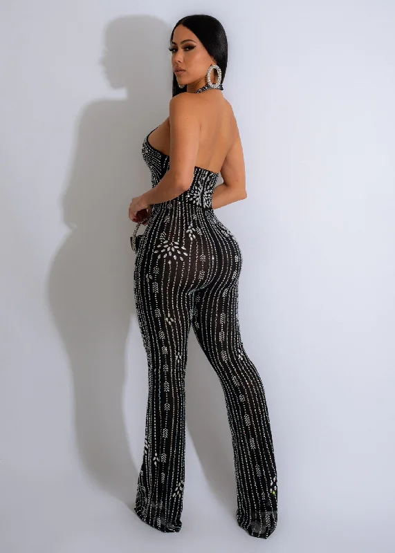 Fireworks Mesh Diamonds Jumpsuit Black