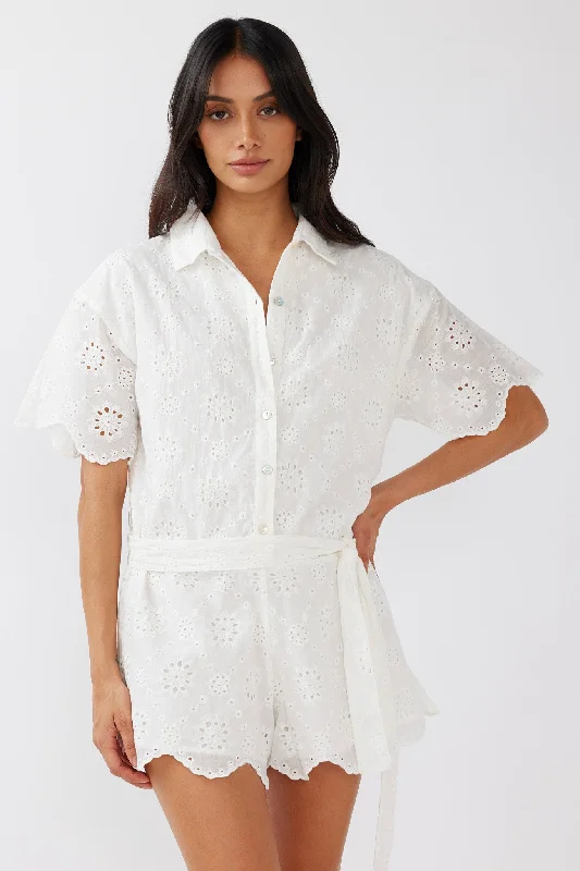 Junie Eyelet Embroidery Waist Tie Romper White