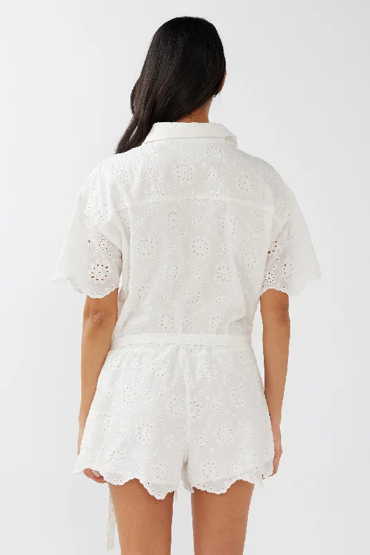 Junie Eyelet Embroidery Waist Tie Romper White