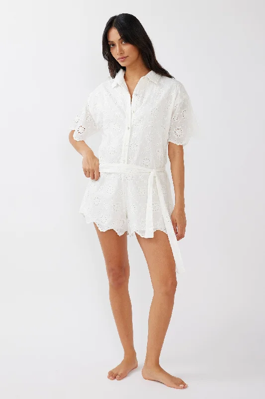 Junie Eyelet Embroidery Waist Tie Romper White