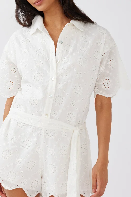 Junie Eyelet Embroidery Waist Tie Romper White