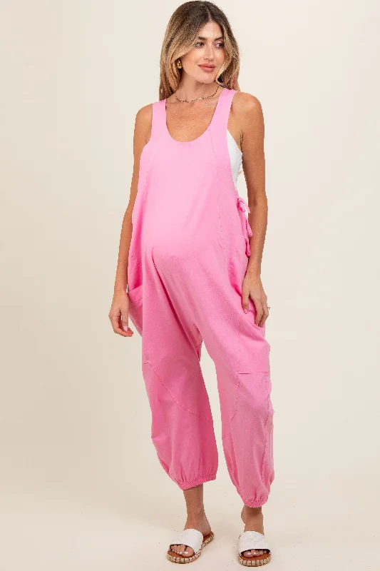 Pink Racerback Drawstring Side Pocket Maternity Jumpsuit