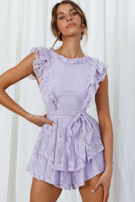 Spring Fling Frill Trim Waist Tie Lace Romper Lilac