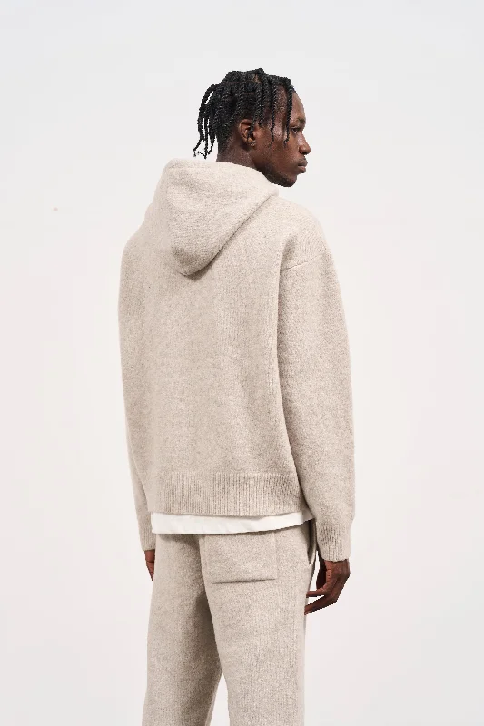 FLUFFY EMBLEM ZIP THROUGH KNITTED HOODIE - BEIGE