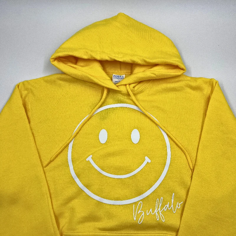 Smiley Face With Buffalo Wordmark Yellow Hoodie