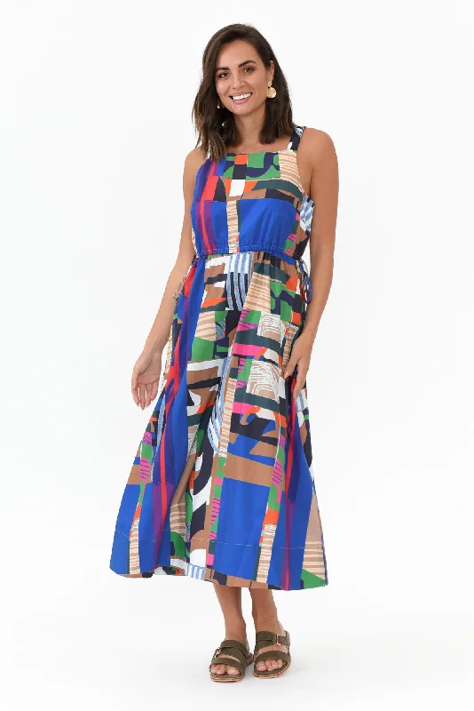Limited Time Offer!Waldon Blue Abstract Cotton Dress