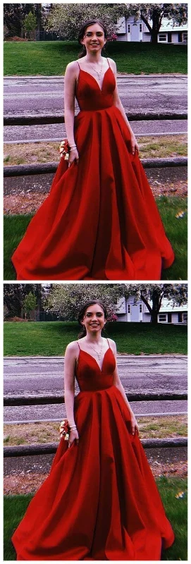 Your Favorite Sale is Back!Your Favorite Sale is Back!A-Line Spaghetti Straps Sweep Train Red Satin Prom Dress with Pockets    cg20260