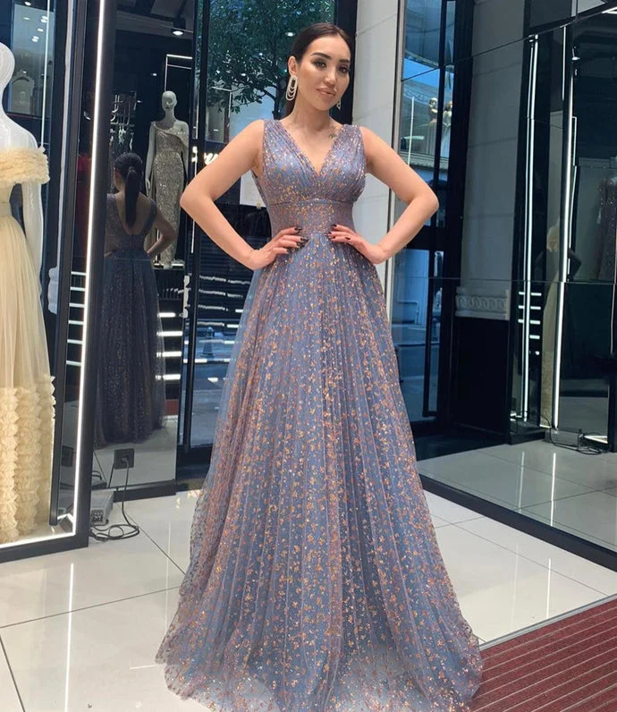 Sale Alert – Get Ready to Shop!Sale Alert – Get Ready to Shop!Blue v neck tulle sequins long prom dress evening dress,    cg20264