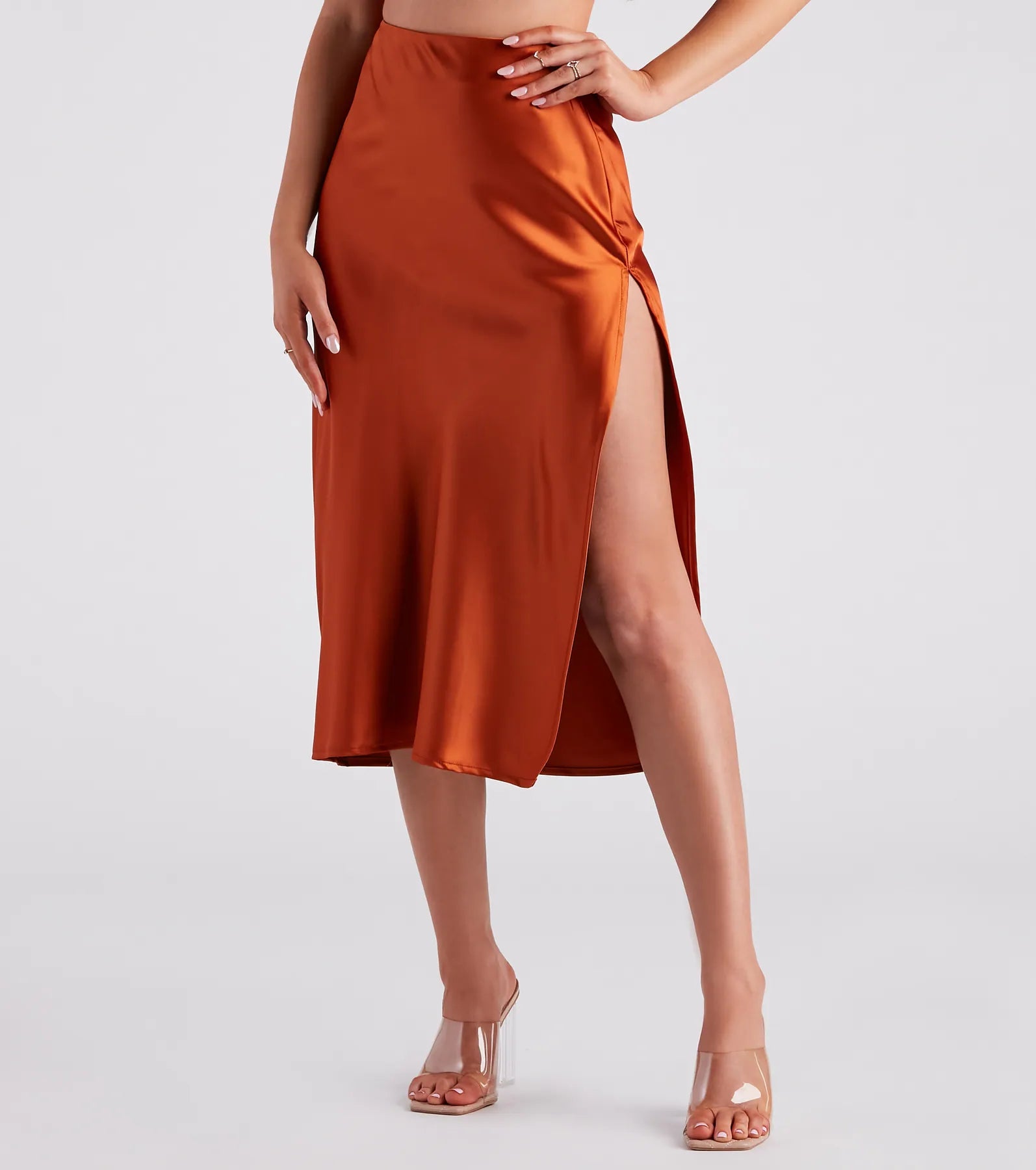 Incredible Savings Inside!Incredible Savings Inside!Lavish Life Satin Slit Midi Skirt Incredible Savings Inside!Incredible Savings Inside!Lavish Life Satin Slit Midi Skirt