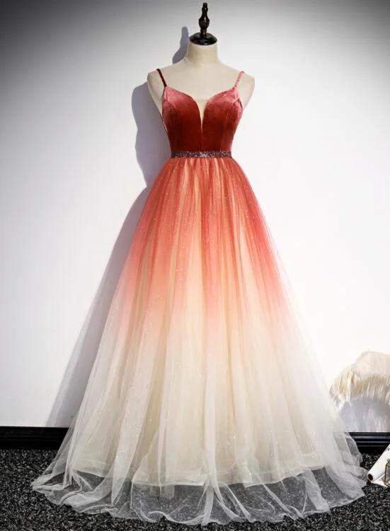 Unbeatable Prices!Unbeatable Prices!long prom dress Beautiful Red Velvet And Gradient Tulle Beaded Party Dress, Straps Long Formal Gown   cg20252
