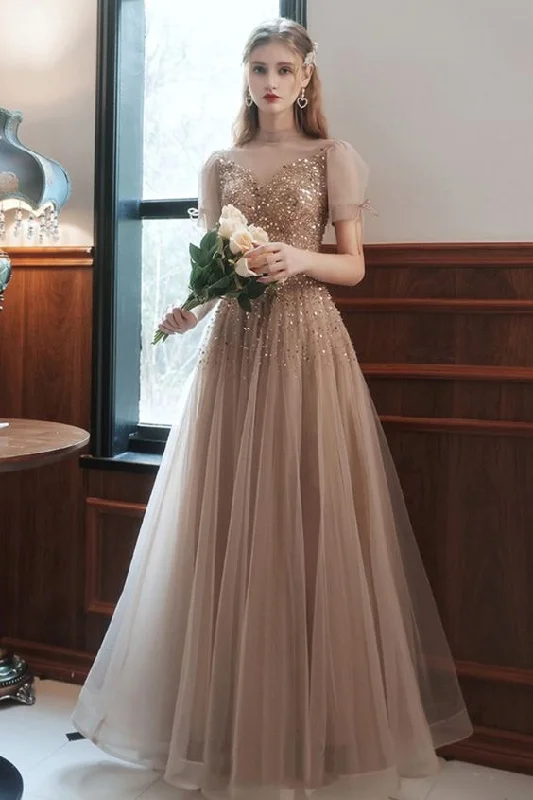 The Best Sale of the Year!Prom Dress A-line champagne tulle long princess formal dress with short sleeves cg21045 The Best Sale of the Year!Prom Dress A-line champagne tulle long princess formal dress with short sleeves cg21045