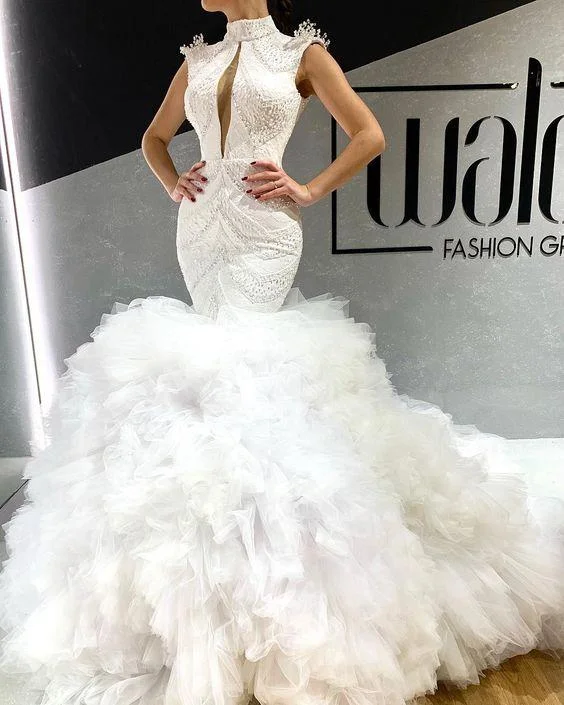 Today Only – Don’t Miss It!Today Only – Don’t Miss It!white evening dresses long high neck tiered beaded mermaid modest elegant evening gown Prom Dresses    cg20243