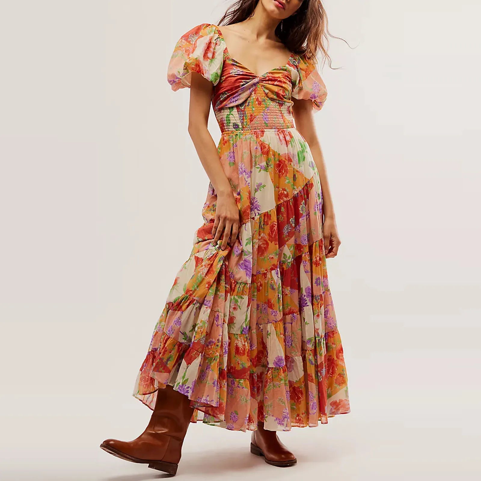 Stock Up and Save!Stock Up and Save!Waist A-Line Neck Tunic Short Puff Sleeve Floral Printed Maxi Boho Dress Stock Up and Save!Stock Up and Save!Waist A-Line Neck Tunic Short Puff Sleeve Floral Printed Maxi Boho Dress