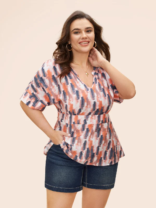 Shop More, Spend Less!Shop More, Spend Less!Brush Print Shirred Split Neck Blouse
