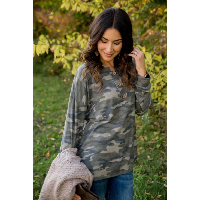 Price Drops You’ll Love!Price Drops You’ll Love!Camo Triple Button Top Long Sleeve Tee