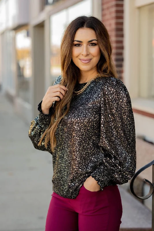 Save Like Never Before!Save Like Never Before!Foil Flecked Cinched Sleeve Blouse