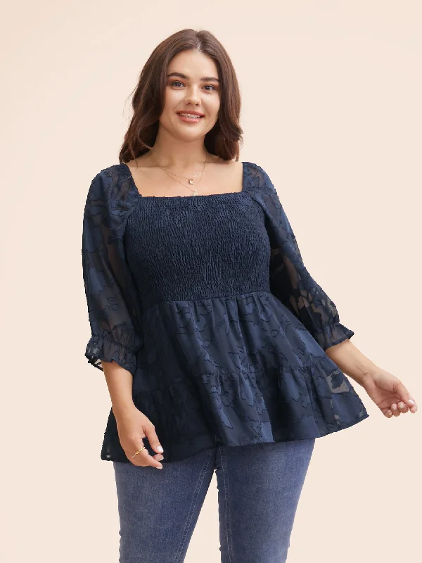 Must-Have Deals Inside!Must-Have Deals Inside!Jacquard Mesh Shirred Lantern Sleeve Blouse