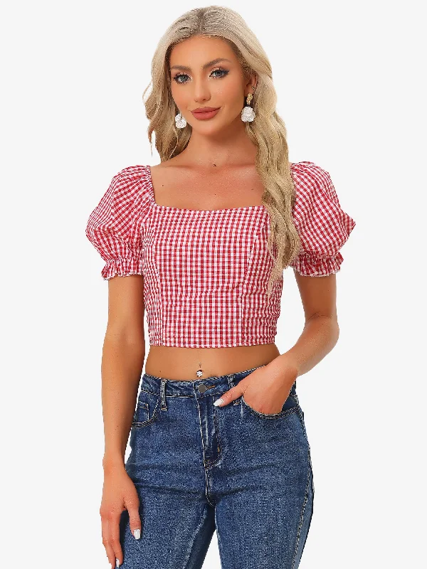 Huge Savings – Act Now!Huge Savings – Act Now!Gingham Bubble Sleeve Smocked Cropped Casual Blouse