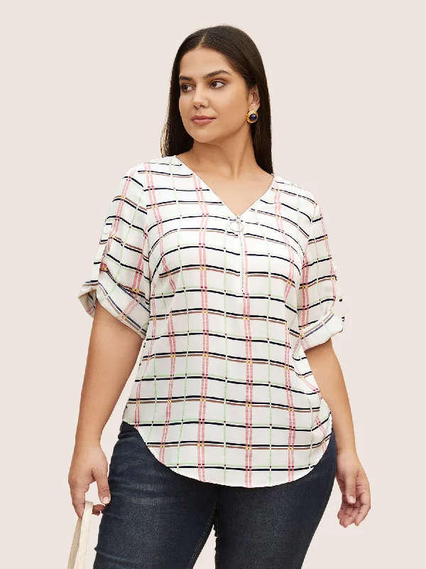 Find the Best Deals Here!Find the Best Deals Here!Plaid O Ring Zipper Tab Sleeve Blouse