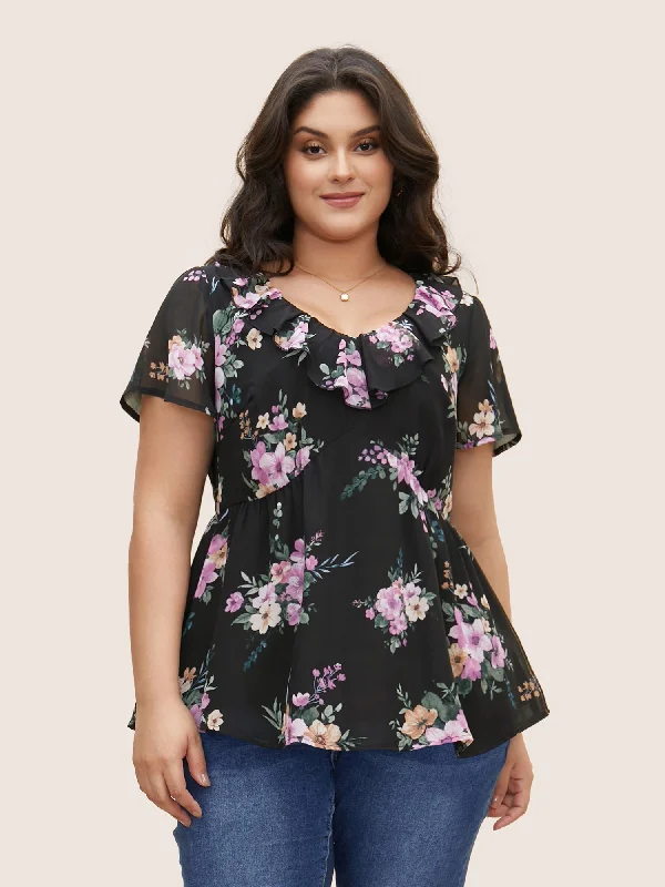 Get the Best for Less!Get the Best for Less!V Neck Floral Chiffon Ruffle Trim Blouse